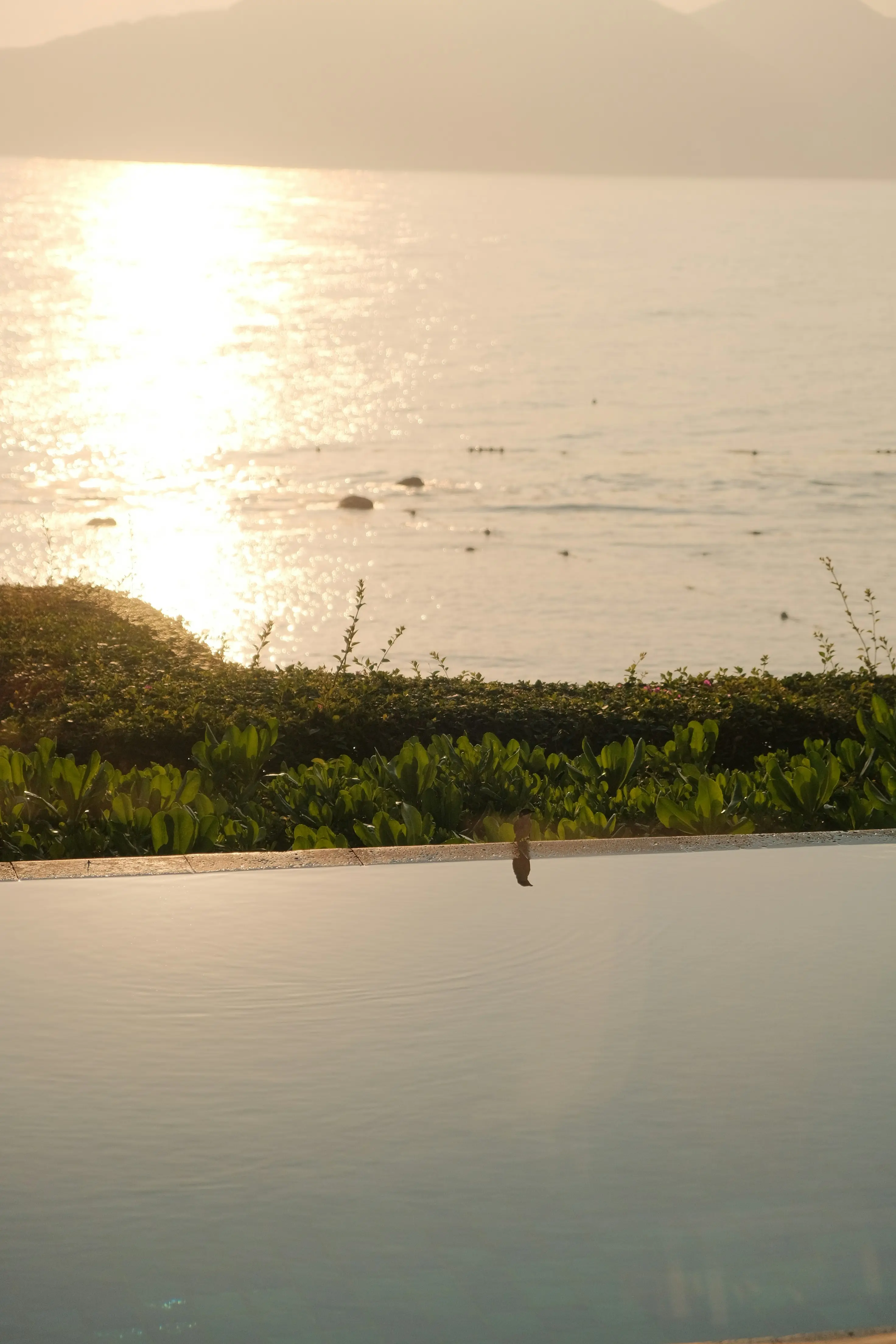 Infinity pool at sunset overlooking a quiet ocean horizon